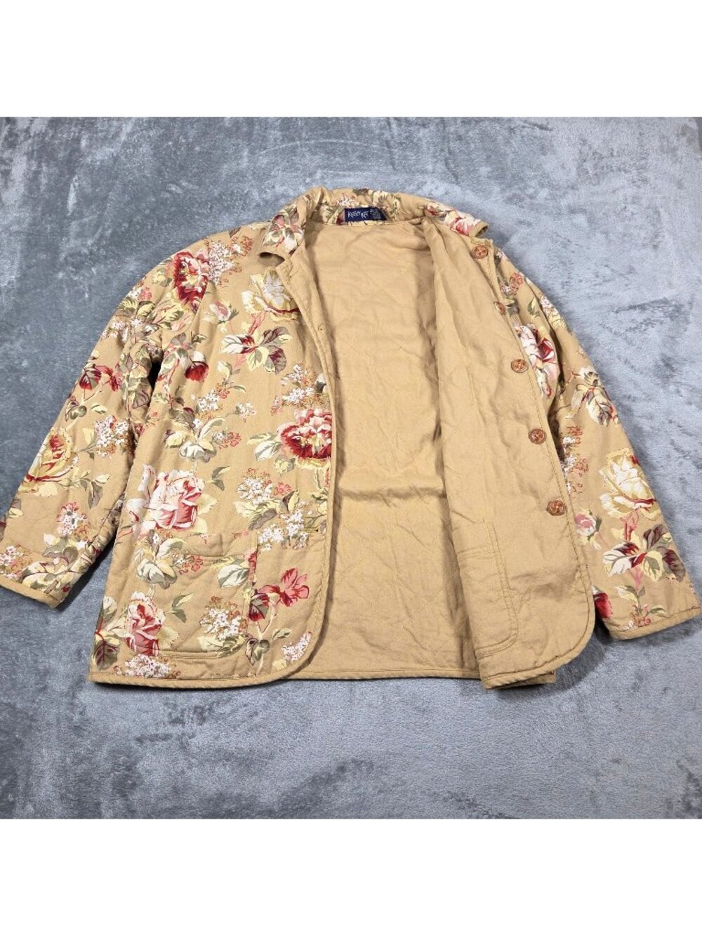 Krazy Kat Jacket Medium Tan Yellow Foral Quilted Barn Reversible Cottagecore
